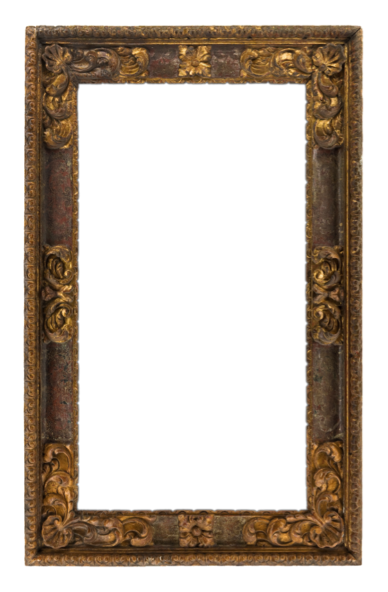 In this 17th century Italian frame, red clay is visible through the finish. 